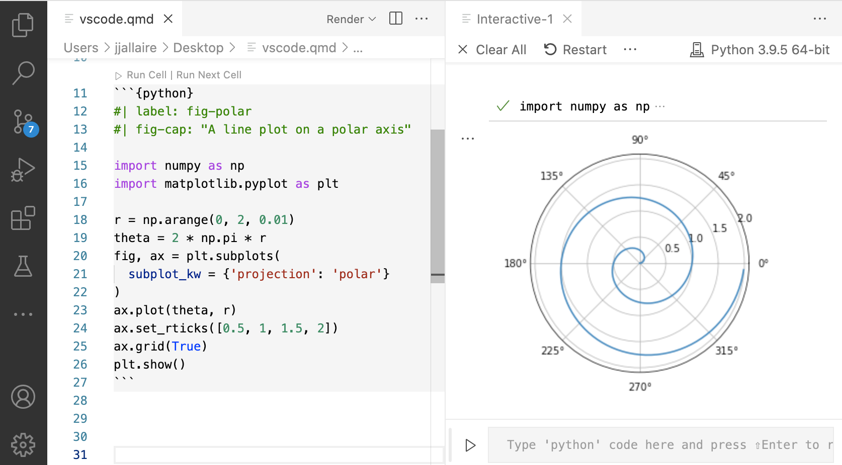 VS Code with two panes open, source code on the right, and the interactive output of that code shown in a second pane on the left.